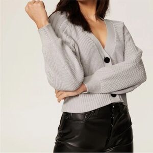 525 America Light Gray Mixed Stitch Cotton Cropped Ribbed V Neck Cardigan Medium